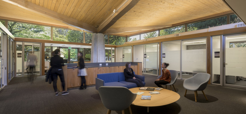Students and staff inside Gantenbein. Originally a student lounge, the recently renovated John Ga...