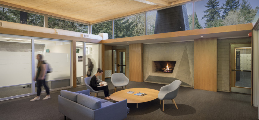 Students in Gantenbein lounge. With a fireplace and comfortable seating, Gantenbein lounge is sti...