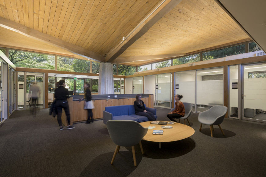 Students and staff inside Gantenbein. Originally a student lounge, the recently renovated John Ga...