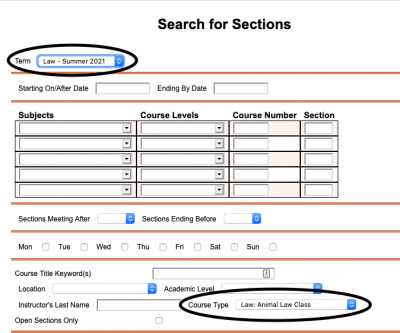 WebAdvisor Screen Shot: Search Paraments