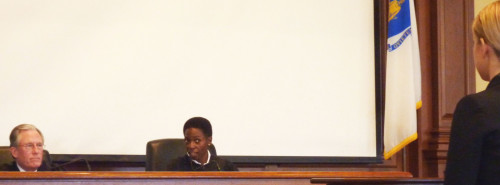 Judge Pearson questioning Angelina Zon (Florida Coastal) during the final Appellate Moot Court round