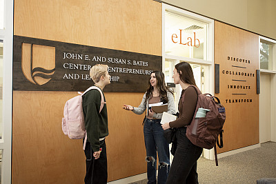 Students talking outside the Bates Center