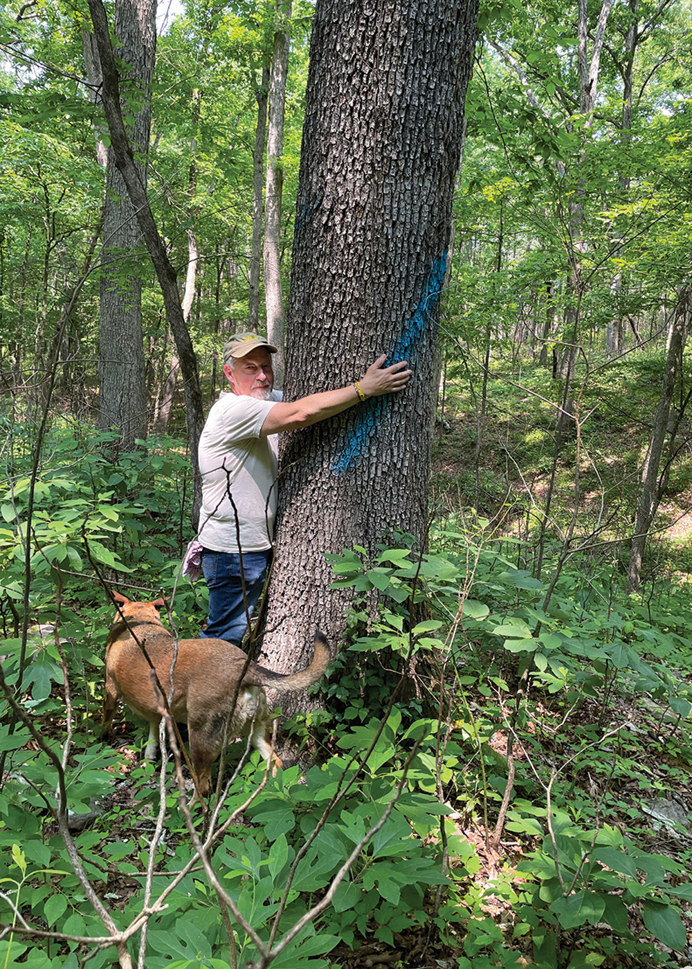 Professor Tom Buchele hugging one of the trees he's trying to save in an ongoing Earthrise lawsuit (plus Tom's dog Sam).