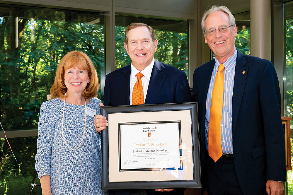Jordan D. Schnitzer Emerita Dean Jennifer Johnson and President Emeritus Wim Wiewel with Schnitzer.