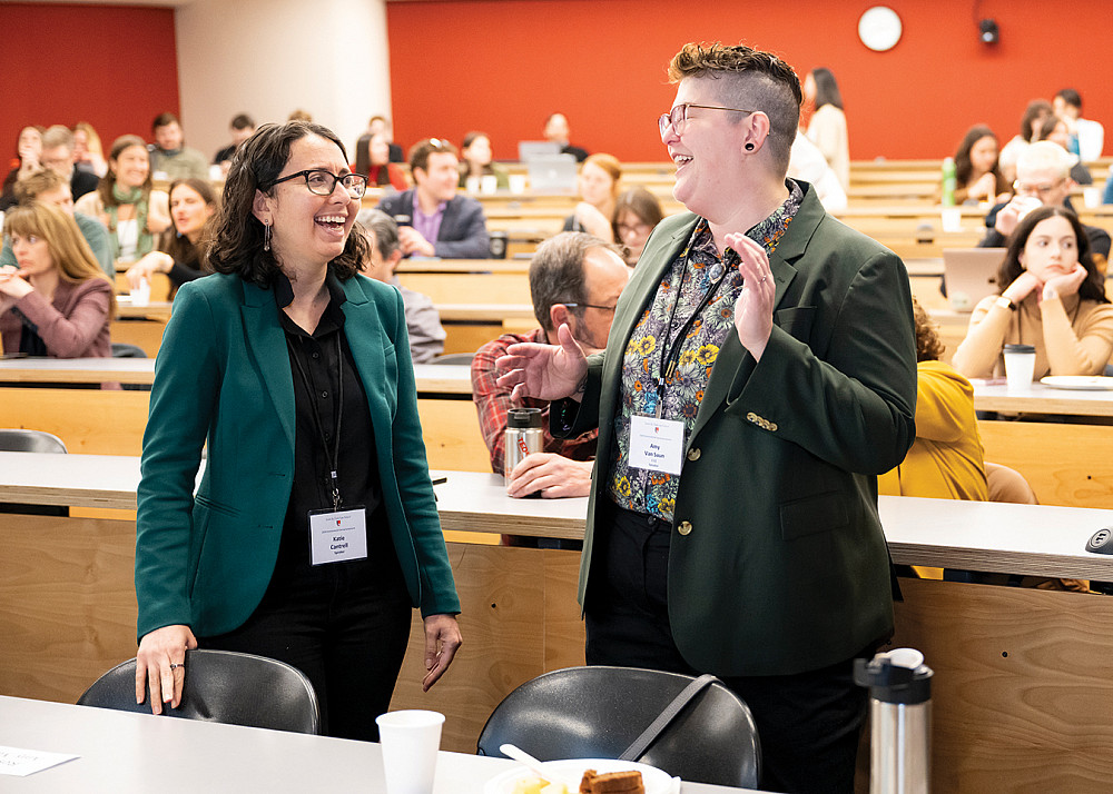 (L to R) Speaker Katie Cantrell CEO of Greener by Default shares a light-hearted moment with Amy Van Saun '11.