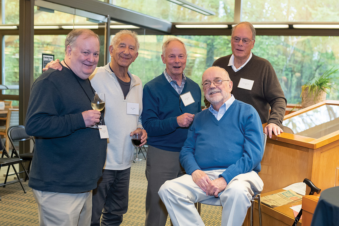 Larry Amburgey '75, Gary Grenley '75, Charles Markley '75, John Davenport '75 toast Prof. Newell.
