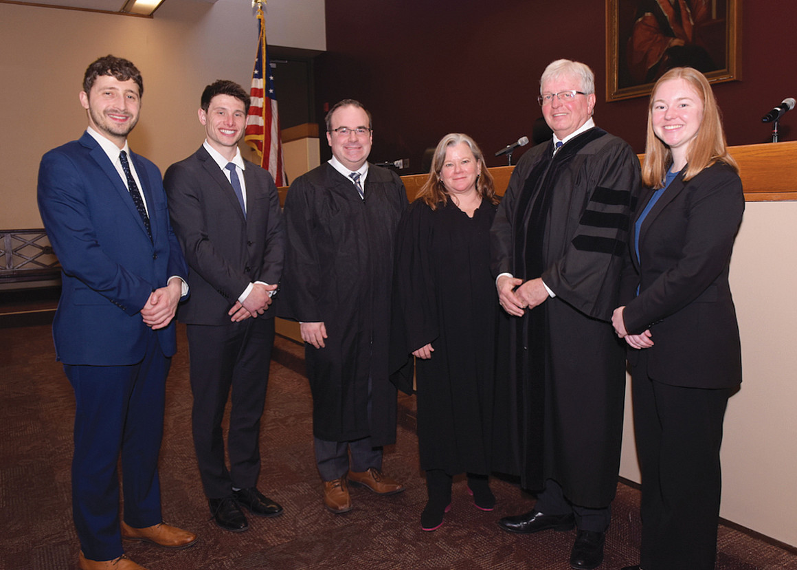 National Champions at PACE Environmental Moot Court Competition with their judges: (L to R) Michael F. Johnson '25, Lane Kadish '25 and S...