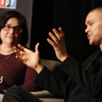 Linda Holmes '97 and Trevor Noah talk during NPR's Weekend in Washington event in 2015.