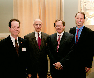 Left to right: Lewis & Clark President Barry Glassner, Law School Dean Bob Klonoff, Jordan Schnitzer '76, and Senator Ron Wyden.