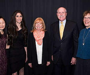 From left: Kaori Eder '07, Jacqueline Swanson '13, Dean Jennifer Johnson, Dan Harmon '85, and Marilyn Cover.