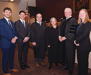 National Champions at PACE Environmental Moot Court Competition with their judges: (L to R) Michael F. Johnson '25, Lane Kadish '25 and S...