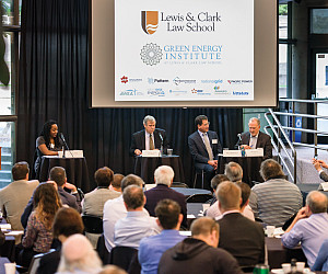 Tarika Powell, Senior Research Associate at the Sightline Institute, moderates the 2050 Zero-Carbon Grid panel with U.S. Senator Jeff Mer...