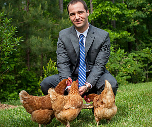 Matt spending time with three spent hens rescued from an egg factory farm in North Carolina.