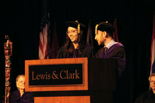 Valedictorians Stephanie Grant and Ben Goldberg address their classmates.