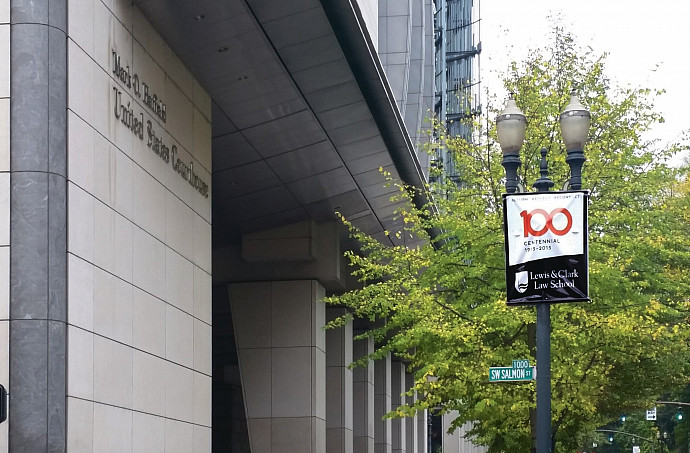 Centennial banners decorate downtown Portland.