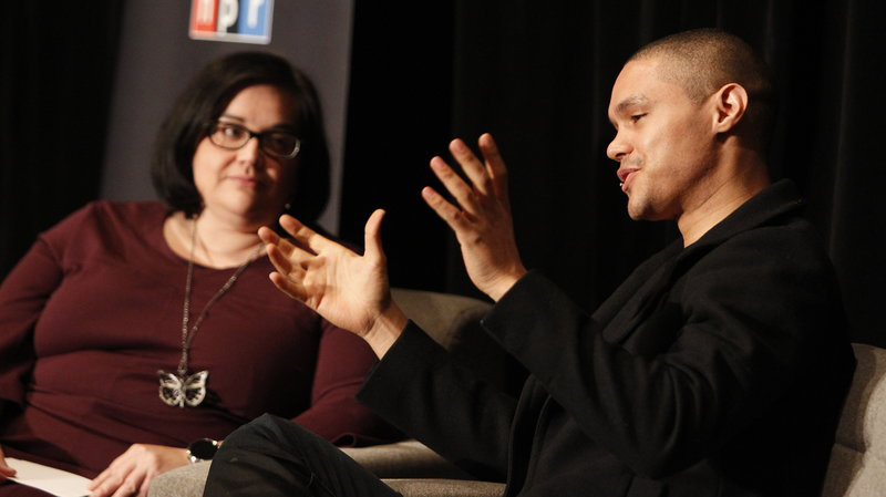 Linda Holmes '97 and Trevor Noah talk during NPR's Weekend in Washington event in 2015.