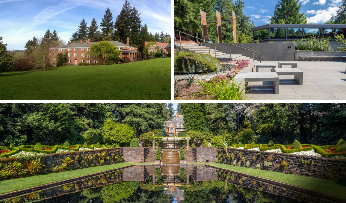 Clockwise from top: Lewis & Clark Graduate School, Law School, and College of Arts and Sciences campuses