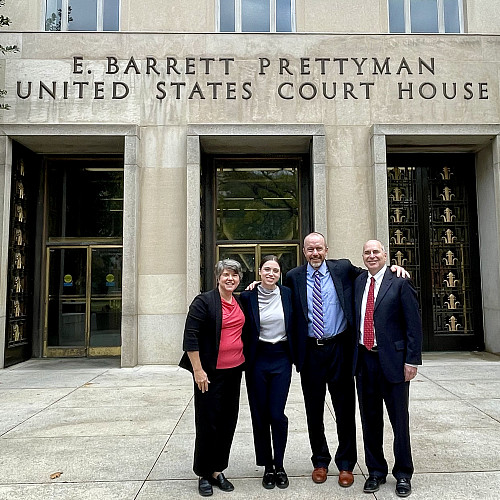 From left to right: Public Justice CEO Sharon McGowan, Public Justice Staff Attorney Haley Nicholson, Earthrise Senior Staff Attorney Kev...
