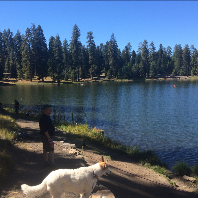 Walton Lake is a popular recreation site. Here Earthrise attorney Tom Buchele and his dog Peggy enjoy the view.
