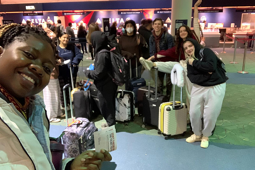 The Alt Breaks group gathers at the airport at 4 am and prepares for a long day of travel.