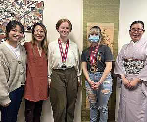 Left to right, Chiho Yamahara (Japanese Language Assistant 2022-2024), Satomi Newsom (Japanese instructor), Charlotte Jaguzny (second pla...