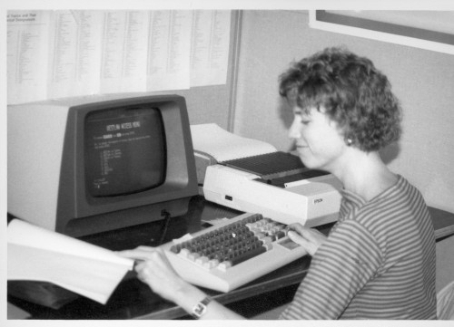 A student is shown here using one of the first Westlaw terminals in 1981.
