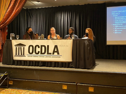 Clinic students Sara Long and Mark Cebert presenting at OCDLA conference with former client and Clinic fellowship attorney Natalie Hollab...