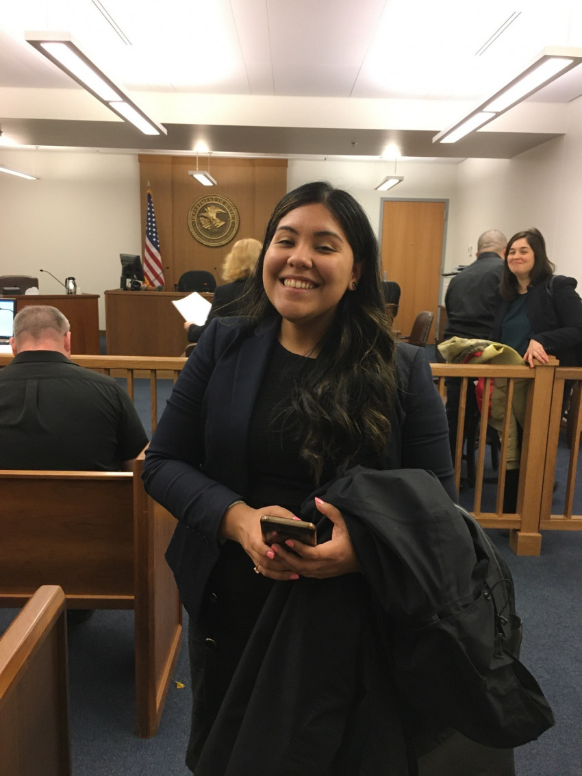 Clinic student Jessica Gutierrez in immigration court for a hearing.