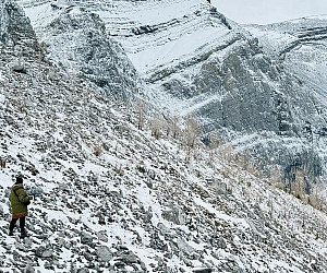 Jacob Kirkegaard recording falling rocks in the Rocky Mountains. Photos by Ken Noda, 2024