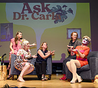 Rebecca Lingafelter and Katherine FitzGibbon with Ask Dr. Carla at New Student Orientation