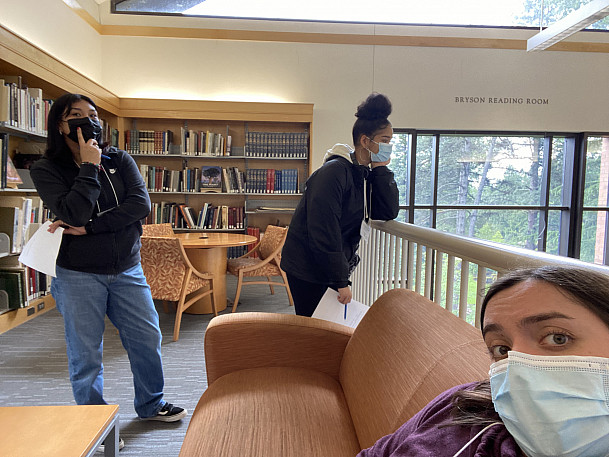 Roosevelt High School students and LC Mentor on a Library Scavenger Hunt.