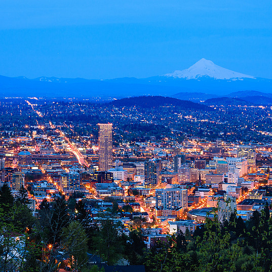 Portland city skyline at dusk.