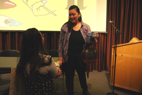 Filmmaker Adele Pham talking with student Jessica Doan '21