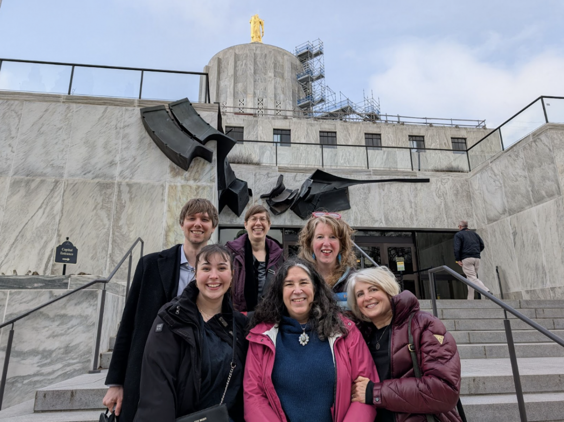The HB3761 Lewis & Clark team stands outside Oregon's capital after a successful testimony.