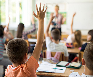 Rear view of little boy and his classmates raising arms to answer teacher's question during the lecture in the classroom.