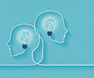 Vector of two human heads made of gears with light bulb shape inside. Innovation technology and new idea generation concept