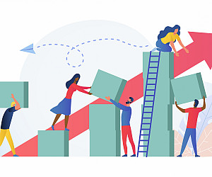 Composition with group of multiracial employees, managers or office workers moving boxes to assemble towers. Vector illustration