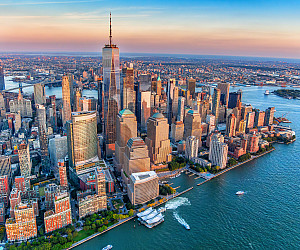 The skyline of Lower Manhattan, New York City, shot via helicopter from an altitude of about 1100 feet over New York Harbor.