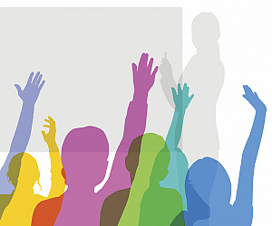 Colourful overlapping silhouettes of children in classroom.