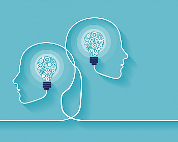 Vector of two human heads made of gears with light bulb shape inside. Innovation technology and new idea generation concept