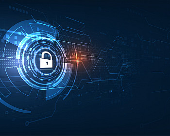 Cyber security concept. Shield With Keyhole icon on digital data background. Illustrates cyber data security or information privacy idea.