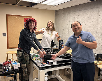 Elan Acevedo BA '27 (left) and Ryan Jurischk BA '27 (middle) have worked with Assistant Professor Albert Bae over two consecutive summers...