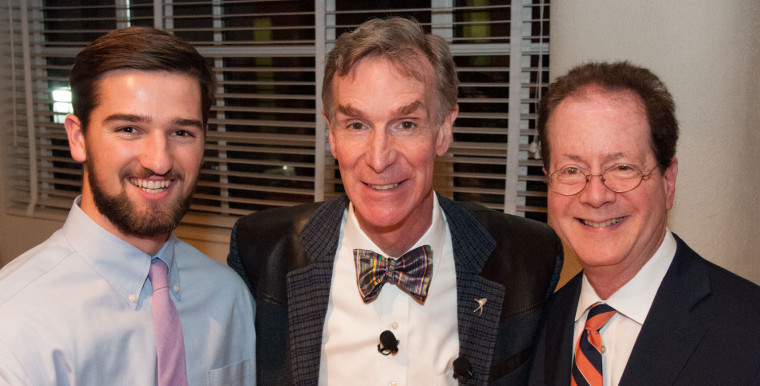Bill Nye, center, with President Barry Glassner and student government president Lincoln Boyd.