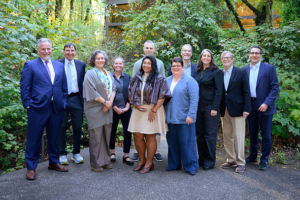 L-R: Paul Conable, JD '97, Prof Craig Johnston, Prof Lisa Benjamin, Prof Melissa Powers, Marc Fink, JD '95, Chris Gunn, JD '11, Prof Robi...