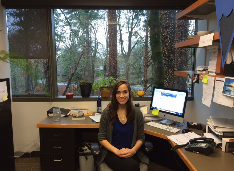 Lia Comerford in her Earthrise office in Wood Hall, Lewis & Clark Law School