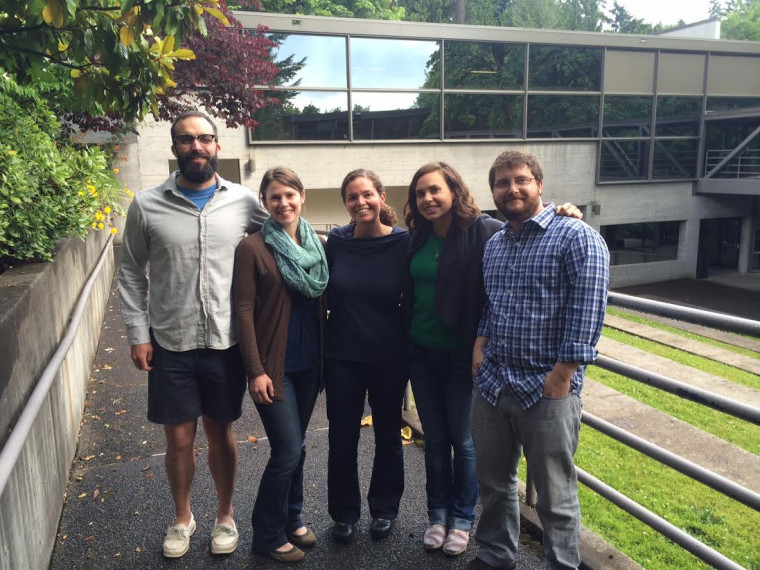 Green Energy Fellows (from left): Nate Larsen, Amy Schussler, Kyra Hill, and Nick Lawton; Director and Professor Melissa Powers in middle.