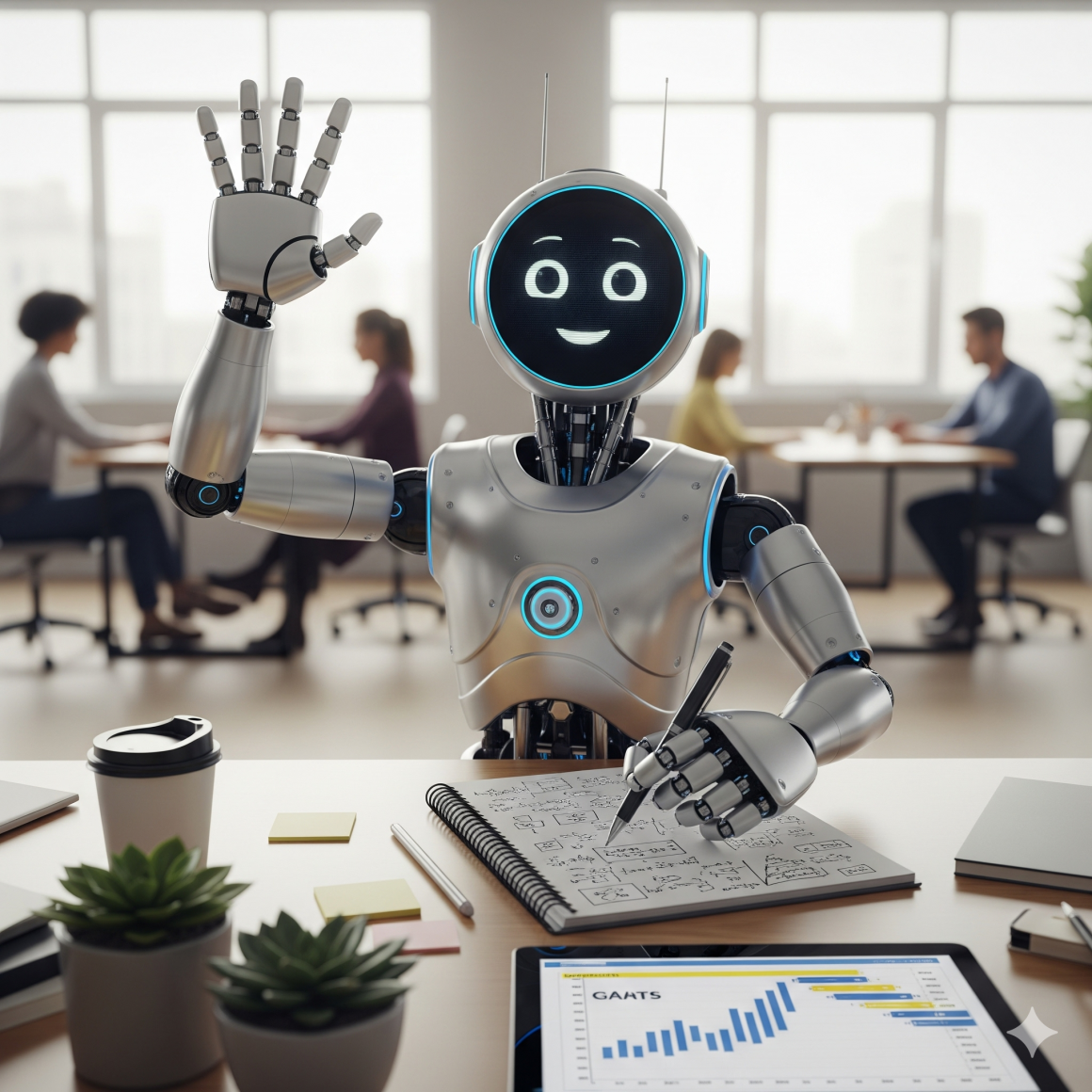 An image of a smiling robot sitting at a table, waving with one hand, and taking notes in the other